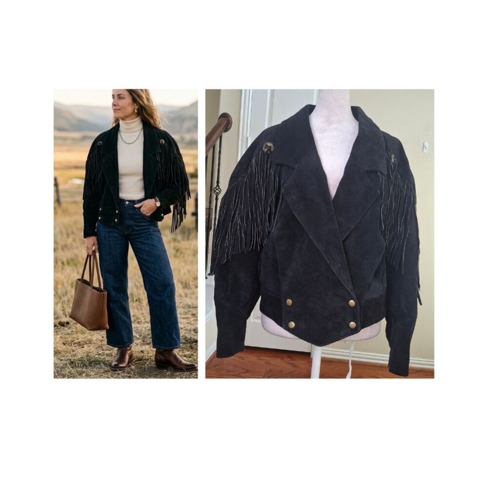 VTG Suede Leather Fringe Concho Western Bomber Jacket S Military Gold Button